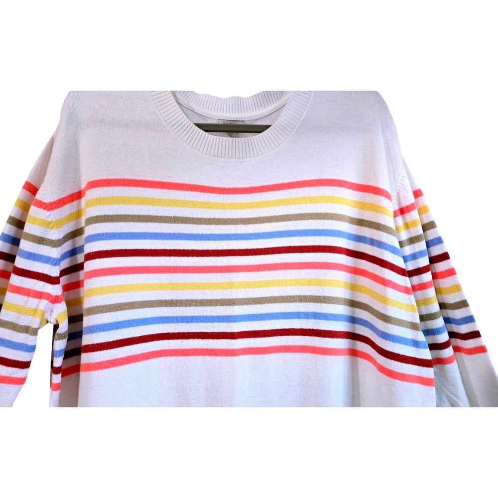 LL Bean Womens 2X Preppy Cotton Cashmere Striped Crewneck Sweater White Multi - Picture 3 of 9